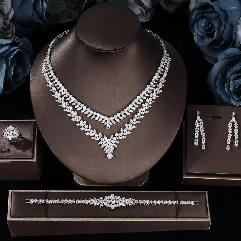 Collier Boucles d'oreilles Ensemble 2024 Libye Luxury Zirconi le mariage Bijoux de mode UAE Glamorous Crystal Design CZ Accessoires de style élégant 4