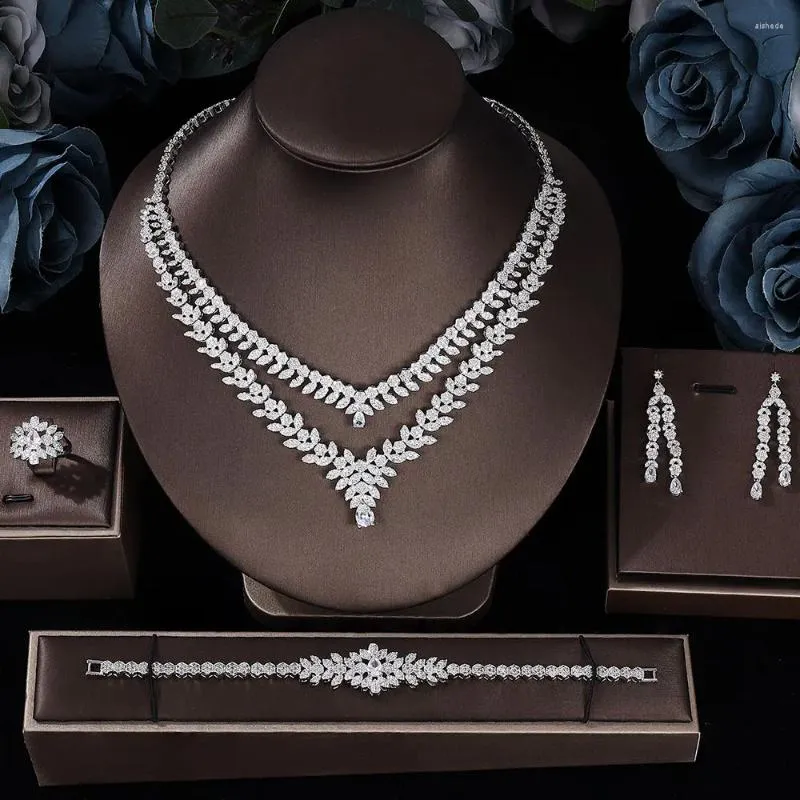 Necklace Earrings Set 2024 Libya Luxury Zirconia Wedding Fashion Jewelry UAE Glamorous Crystal Design CZ Elegant Styling Accessories 4