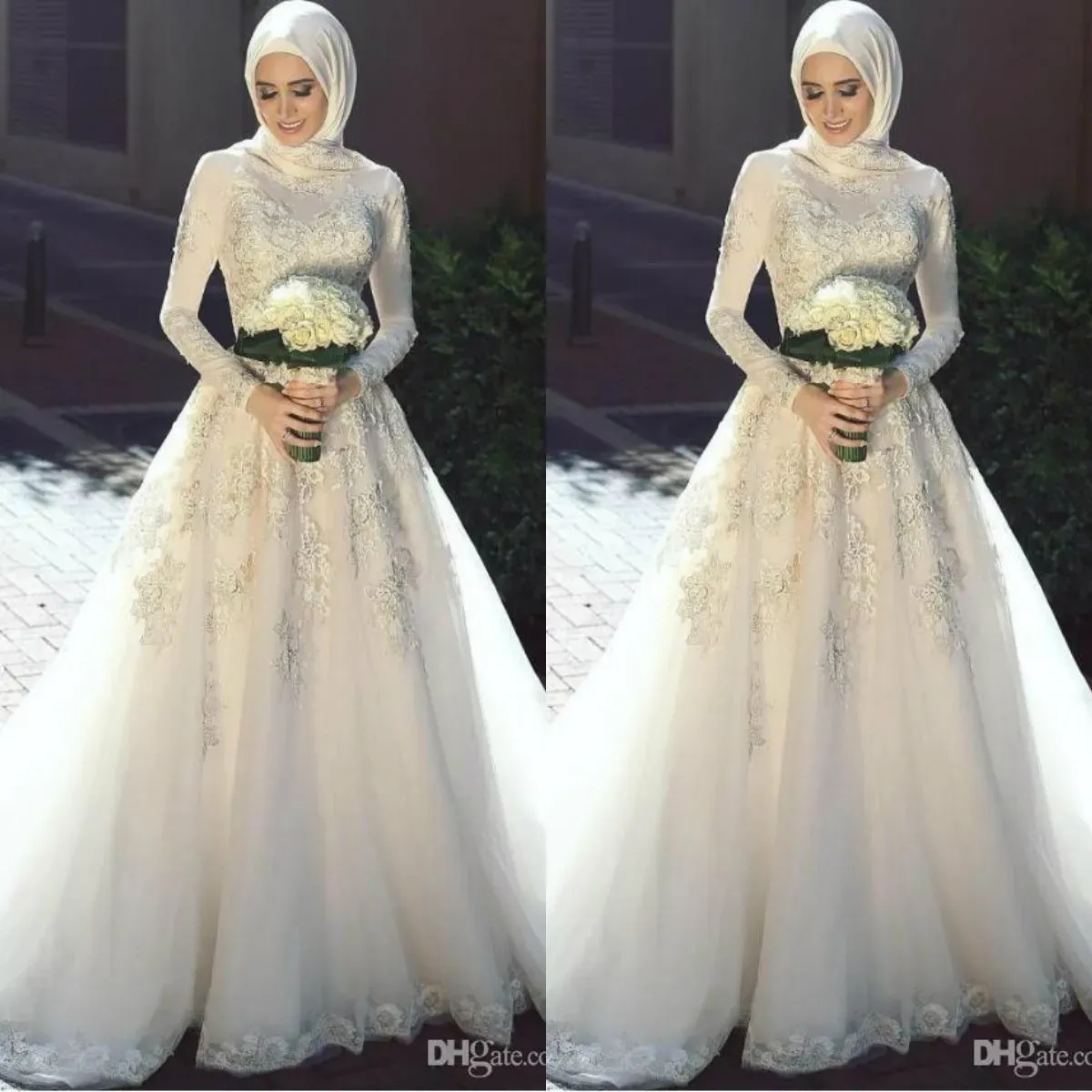 2024 Vestidos de noiva muçulmanos renda aplicada com hijab mangas compridas vestidos de noiva de tamanho A-line vestido de noiva