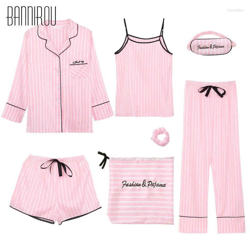 Hemkläder 7 bit randig kvinna Pyjama Set Silk Pink Full Shorts Spaghetti Strap Summer Spring Autumn Winter Kvinnlig härlig pyjama