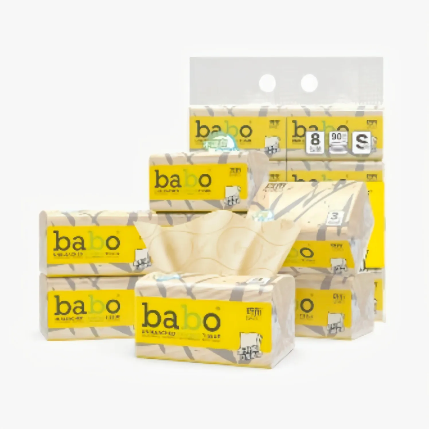 NY BABO PAPPER Ritning 6D Stereoskopisk präglad naturlig bambumassa Inget skadligt tillägg 90 puffs/Pack 8 Packs/Lift 1 Pat