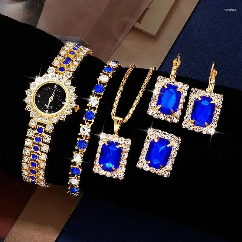 Wristwatches 6PCS Set Blue Luxury Quartz Watch Women Ring Necklace Earring Rhinestone Fashion Casual Wristwatch Ladies Bracelet Watches