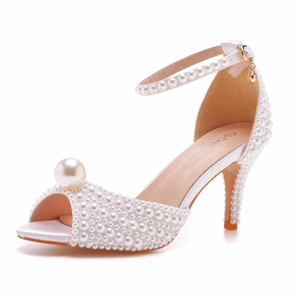 Обувь обувь Crystal Queen White Pearl Sandals Женщины открыты