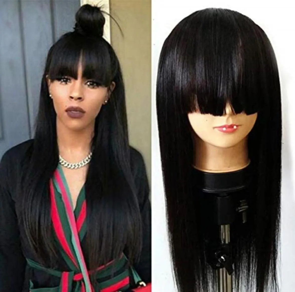 Long noir soyeux sortant entièrement frange perruques 180 densité japonaise Fibre Coiffure synthétique Aucune Lace Wigs Baby Hair 24 pouces pour la mode18295334