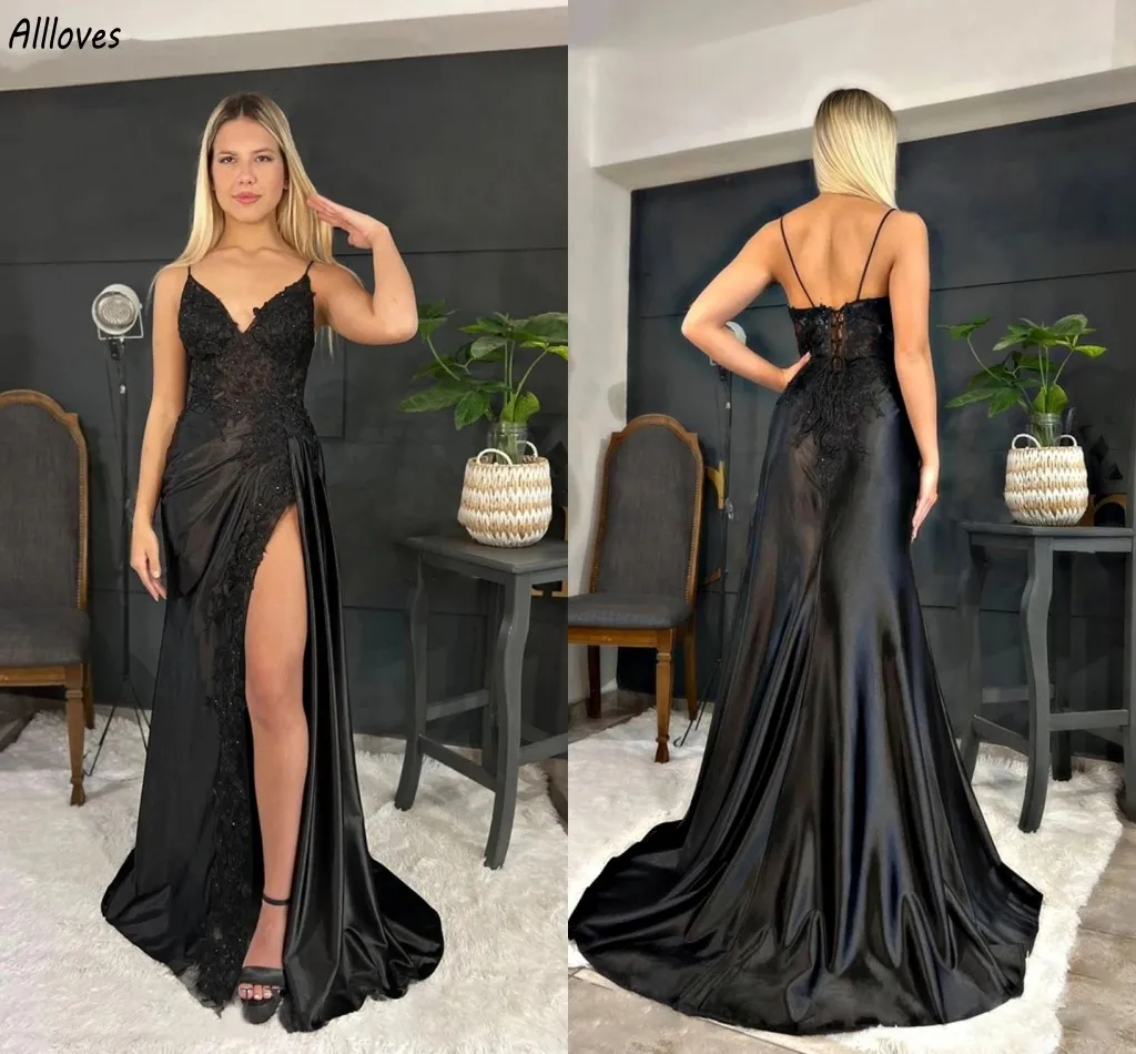 Sexy Thigh Split Black Evening Dresses For Women Long Spaghetti Straps Lace Appliques Beaded Special Occasion Formal Gowns Aso Ebi Second Reception Dress CL3473