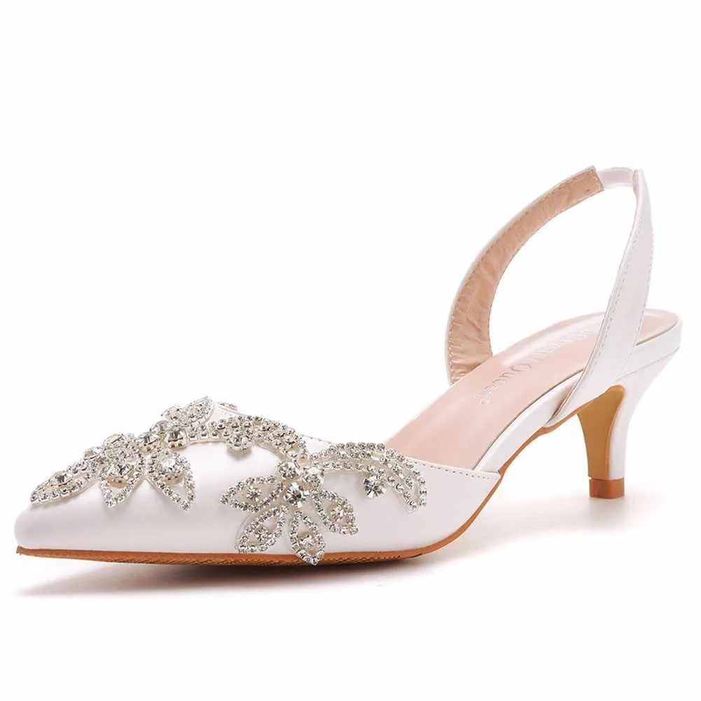 Отсуть обувь Crystal Queen Женщины белая свадебная лодыжка сандалии тонкие высокие каблуки элегантные комфортные золотые насосы шпильки h240409 81tg
