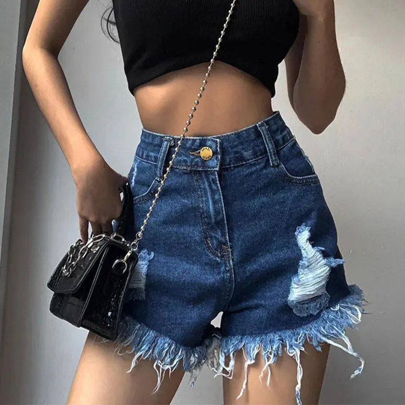 Vrouwen Casual High Taille Denim Shorts Summer Fashion Streetwear Pocket Tassel Hole Jeans Vrouw los rechte korte broek 240409