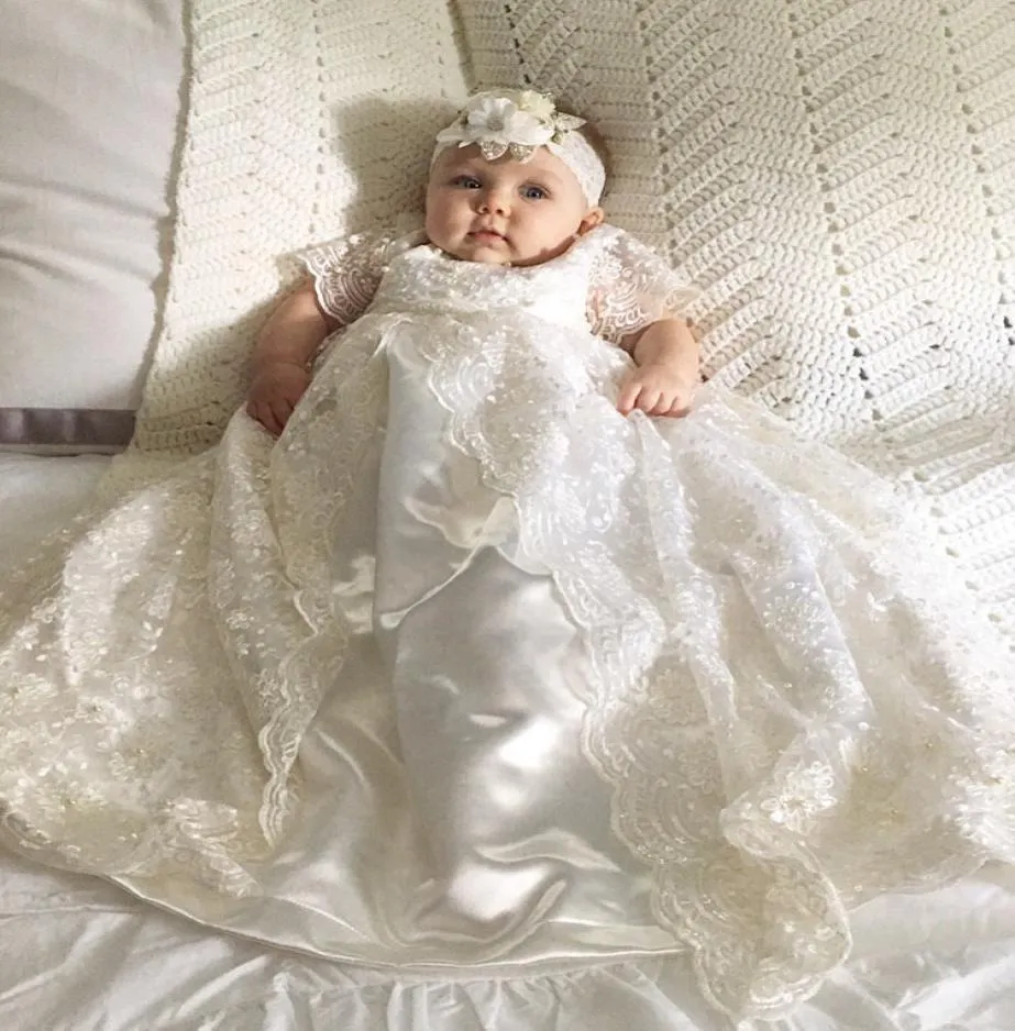 Nowe koronkowe sukienki chrzcowe dla dziewczynki z pół rękawów Suknia chrztu tanie dziecko pierwsza sukienka komunikacyjna 4845540