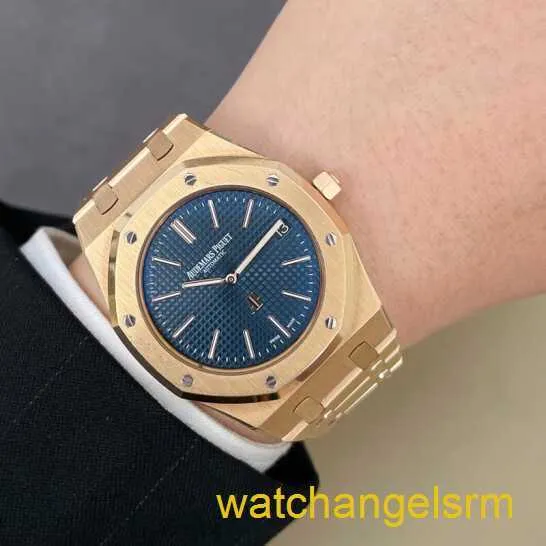 Zwitsers AP pols horloge Royal Oak Series 15202or Mens Watch Blue Disc 18K Rose Gold Business Leisure Automatische mechanische horloge datum 39 mm Complete set