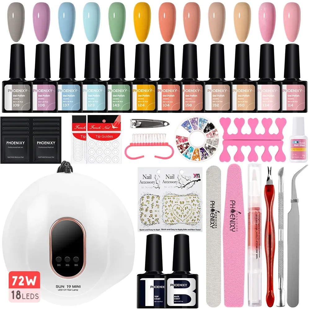 Kits Gel Nail Polish Set Complete Nail Art Kit med 72W UV LED -nagellampa Soak Off UV Lack Nail Art Design Professional Nail Kit