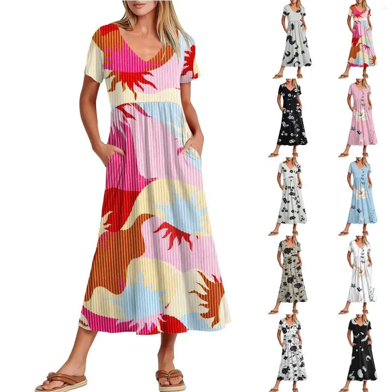 Vestidos casuais femininos com bolsos elegantes Maxi Skirt V Neck de Manga curta Vestidos de festa de verão Vestidos de Fiesta