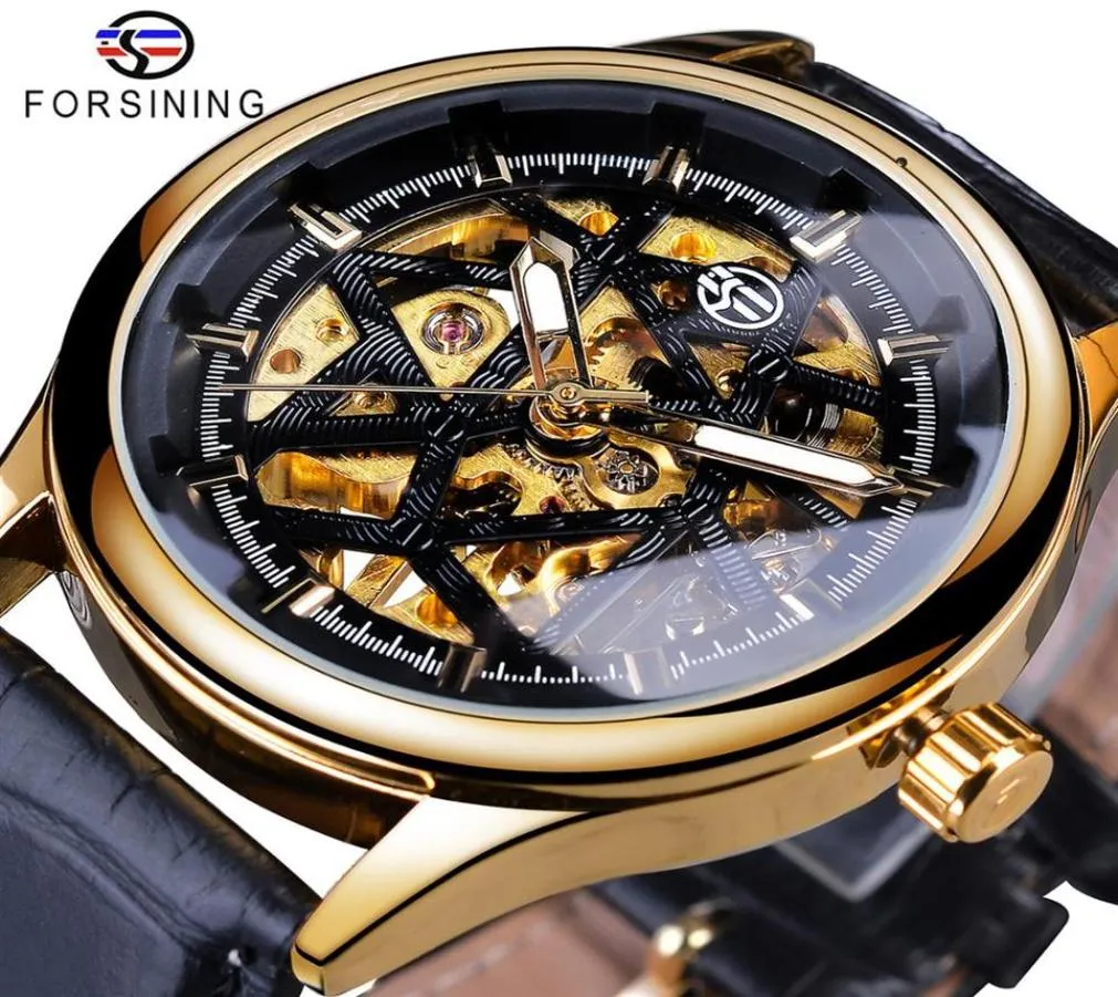 Forining retro Fashion Golden Black Dial Seleton Clock Male Luminous Hands Men039S Mechanische pols horloges topmerk luxe281607267