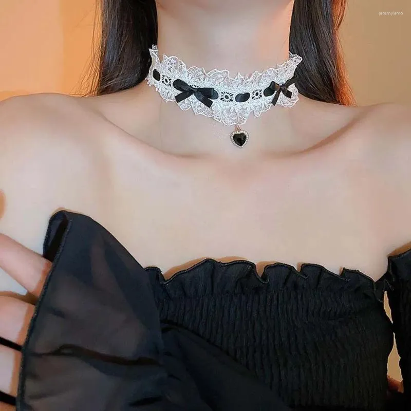 Choker tkanin koronkowy naszyjnik Bowkot Lolita Cosplay wisiorek miłość serce biżuteria