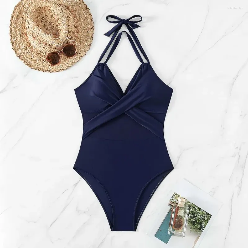 Kvinnors badkläder Solid Color Women One Piece Swimsuit Halter Strap Justerbar Push Up Bathing Suit V Neck High Cut Tummy Control