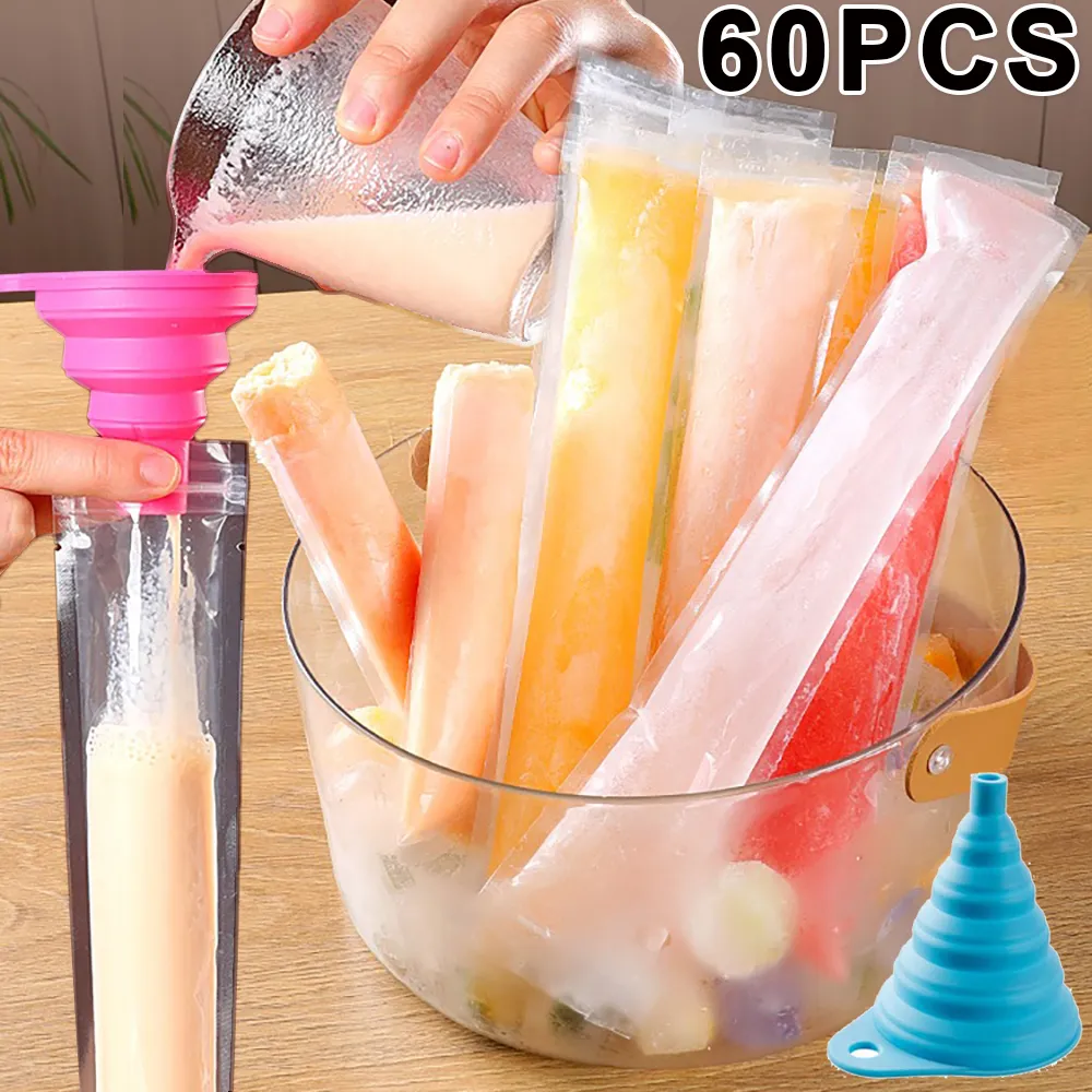 60/1Pcs Disposable Ice Popsicle Mold Bags Transparent Self Sealed Ice Cream Sticks DIY Yogurt Juice Smoothies Bag Kitchen Tools