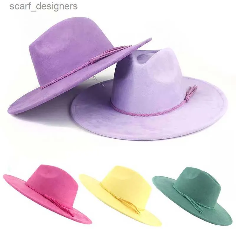 Szerokie brzegi czapki wiadra czapki 2023 kolorowy zamsz szeroki rdzeń Fedoras Women Hat Mens Church Jazz Hat Panama Y240409