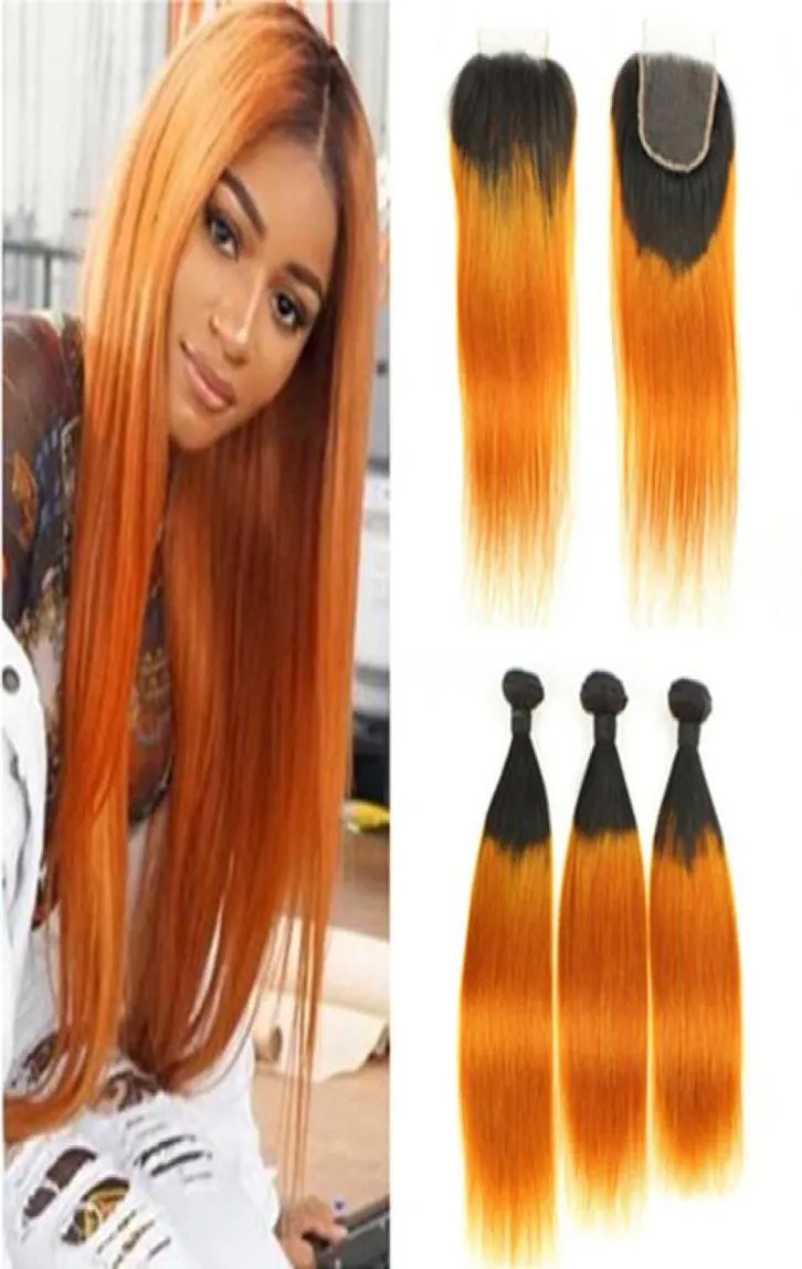 Orange ombre brasilianskt mänskligt hår 3buntar med stängning rak 1borange ombre jungfru hårväv wefts mörka rötter med 4x4 Lace446862027