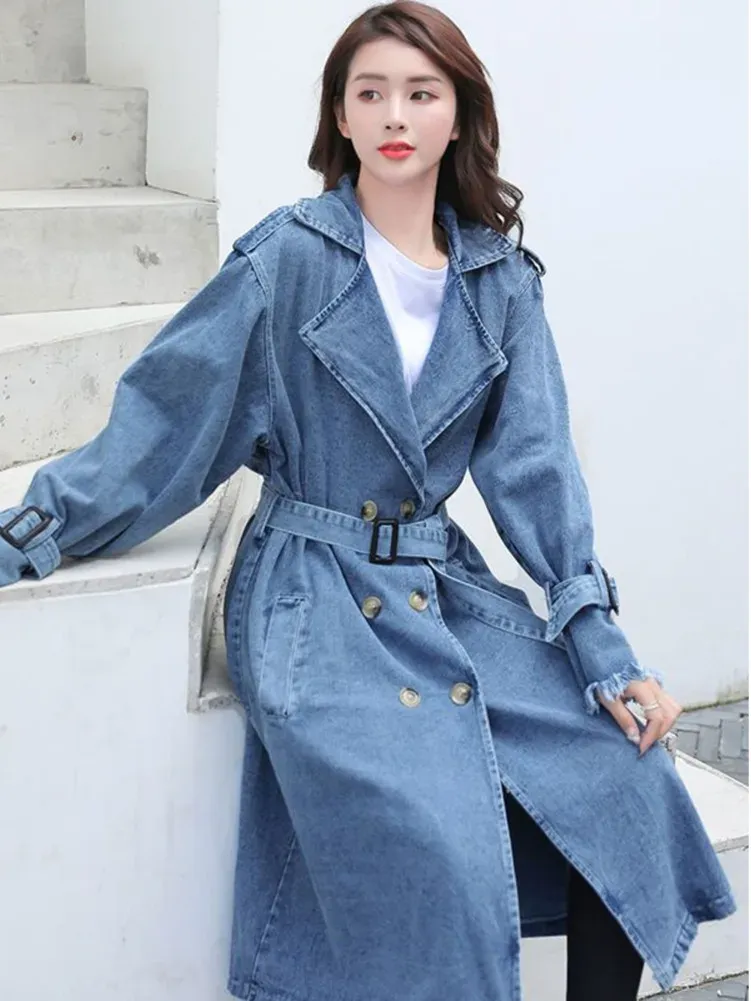 Vintage Denim Trench Coat Women's Mid-Length Blue Jean Windbreaker, Loose  Fit, Belted, Long Sleeve, Spring/Autumn Fashion