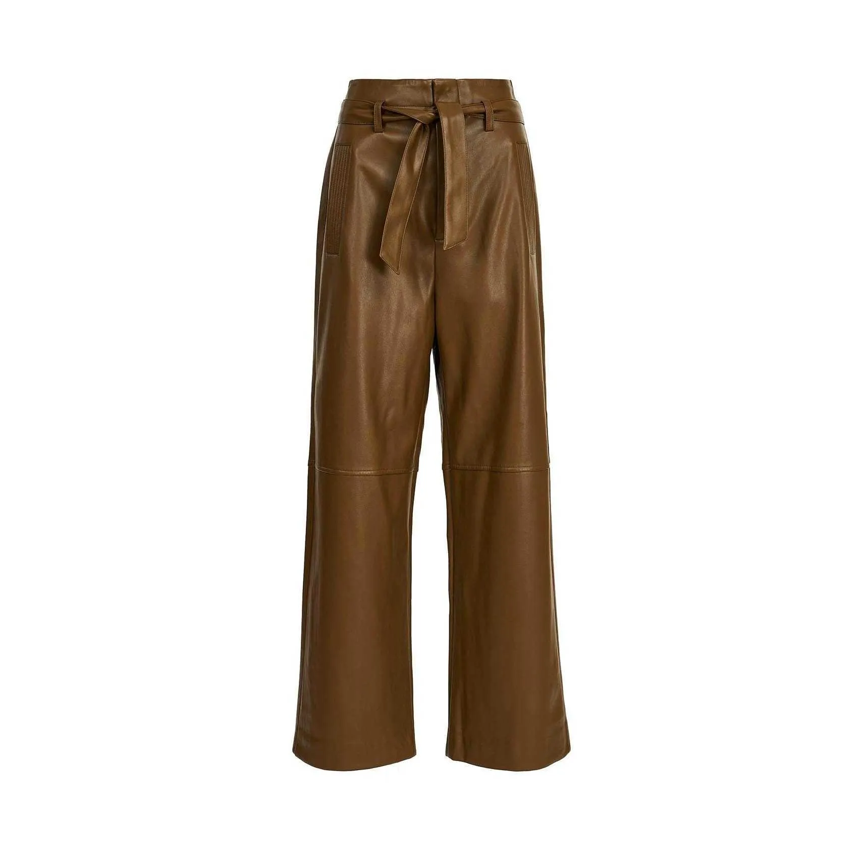 Metaïsche bruine glanzende leggings voor vrouwen met hoge taille echt lederen lange broek gratis maten aangepaste ontwerpen