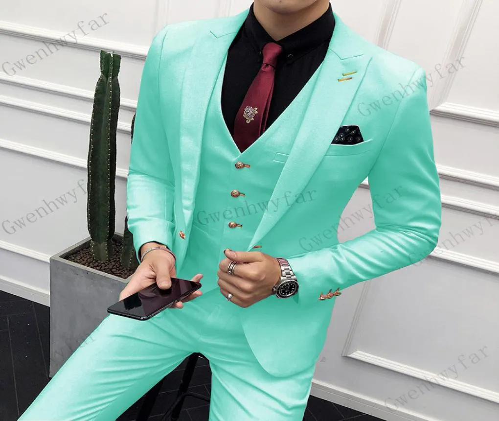 Bridalaffair Mint Green Single Breasted Suit Brudgum bröllopsdräkter 3 stycken män klänning kostym middag party prom kostym jackor väst p2070193