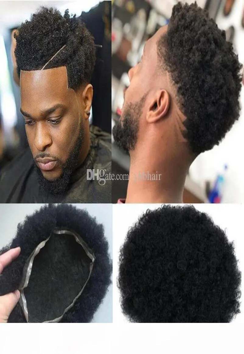 Men Wig Mens haarstukken afro krul Curl volledige kanten toupee Jetzwart kleur 1 Braziliaans menselijk haarsysteem mannen haarvervanging voor zwarte M1476162