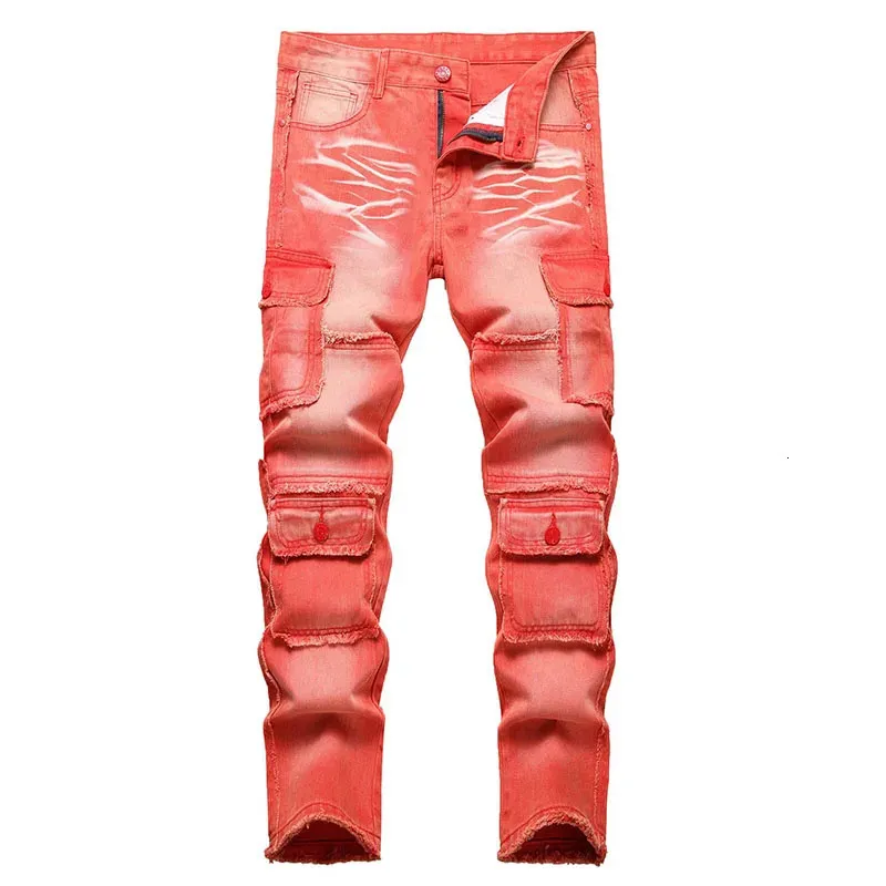 2023 New Fashion Mens Cotton Heavy-duty Washed Jeans Casual Orange Multiple Pockets Jeans Men Trousers Male Hip hop Denim Pants