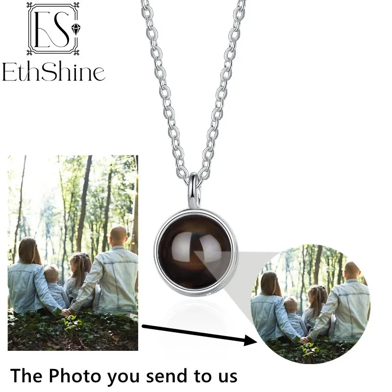 EthShine 925 Silver Personalized Circle Po Necklace Fine Material No Fading Projection Pendant Anniversary Christmas Day Gift 240402