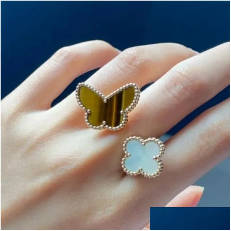 Band Rings Four Leaf Clover Ring Natural Shell Gemstone 925 Sier For Woman Designer T0P Quality Highest Counter Fashion Luxury Exqui Dh1Yi