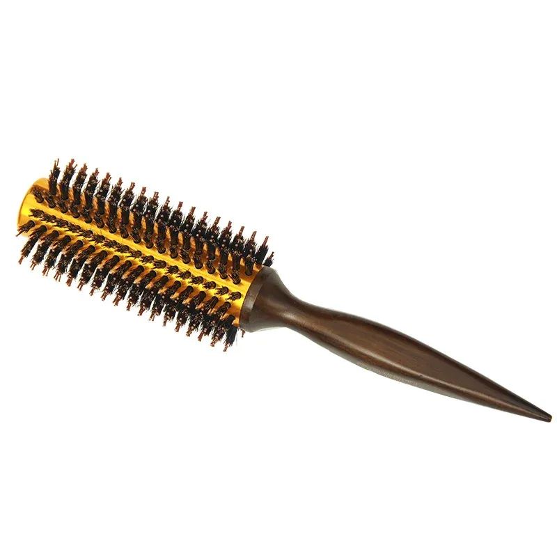 1PCナチュラルイノシシ毛の丸いブラシ木製ハンドルヘアドライスタイリングのための髪のローリングブラシカーリングデンタングルヘアブラシ