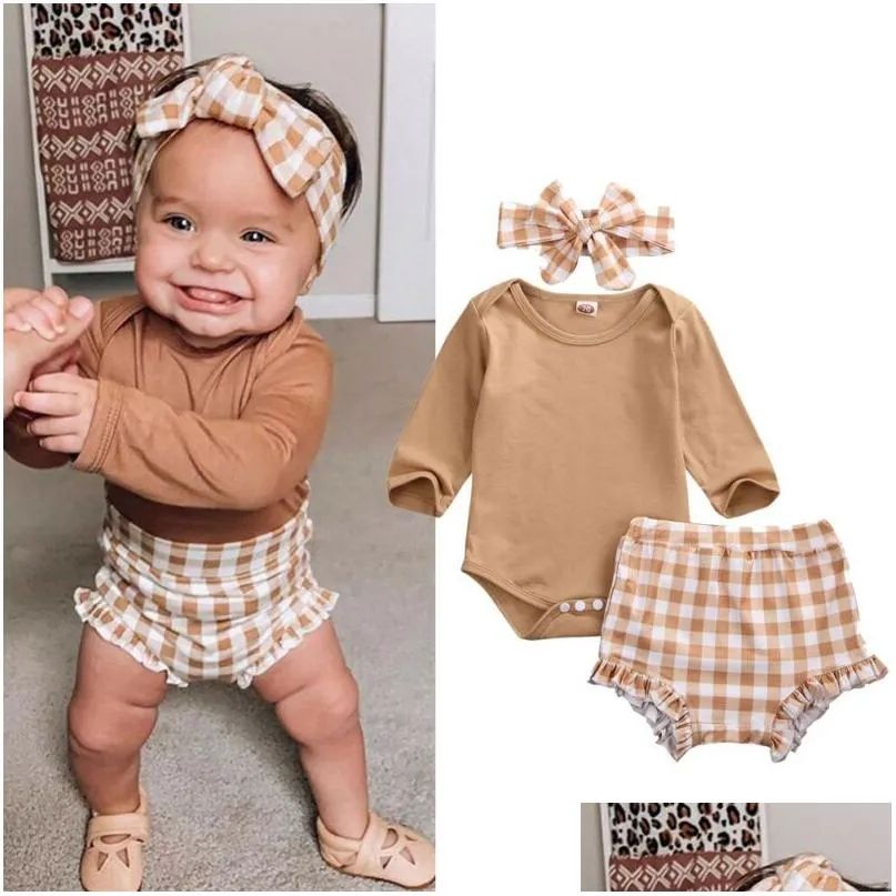 Kleidungssets Goocheer 3PCS Baby Girl Kleidung Set Kleinkind geboren im Herbst Langarm BodySuit Tops Plaid Shorts Stirnband-Outfit 0-24 m Drodhkos