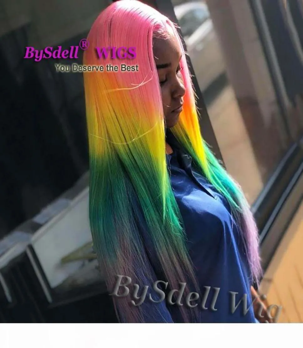 Bright Colorful Rainbow Hair Wig synthétique long raide rose jaune jaune vert violet ombre Lace Lace Front Wigs Beauty Fashion Femme4192134