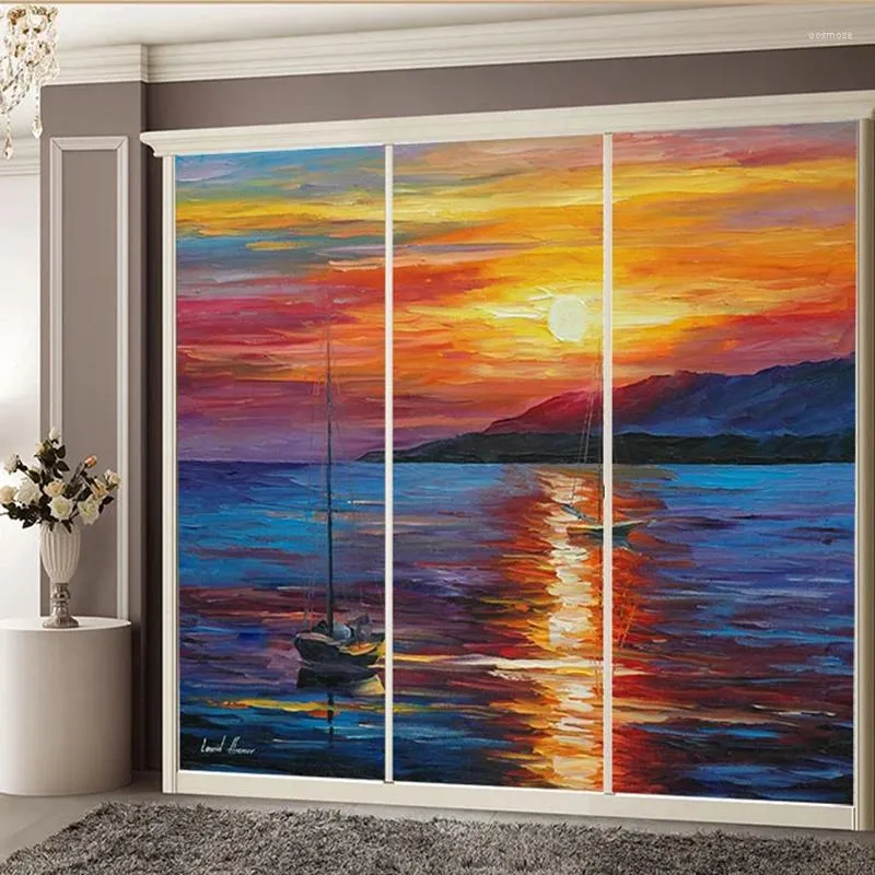 Window Stickers Custom Size Static Cling Film Oil Painting Style Removable Water-Proof Foil For Door Cabinet Wardrobe 40cmx80cm