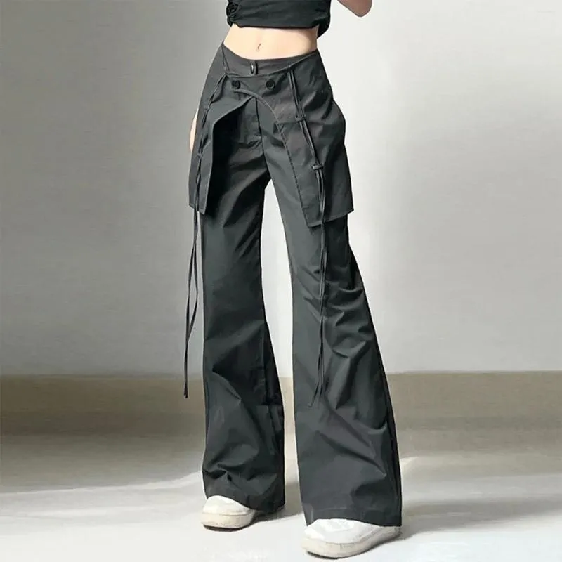 Women's Pants Y2K Long Mid Waist Women Loose Cargo Pant Comfortable Black Solid Color Vintage Relaxed Fit Drawstring With Large Pockets