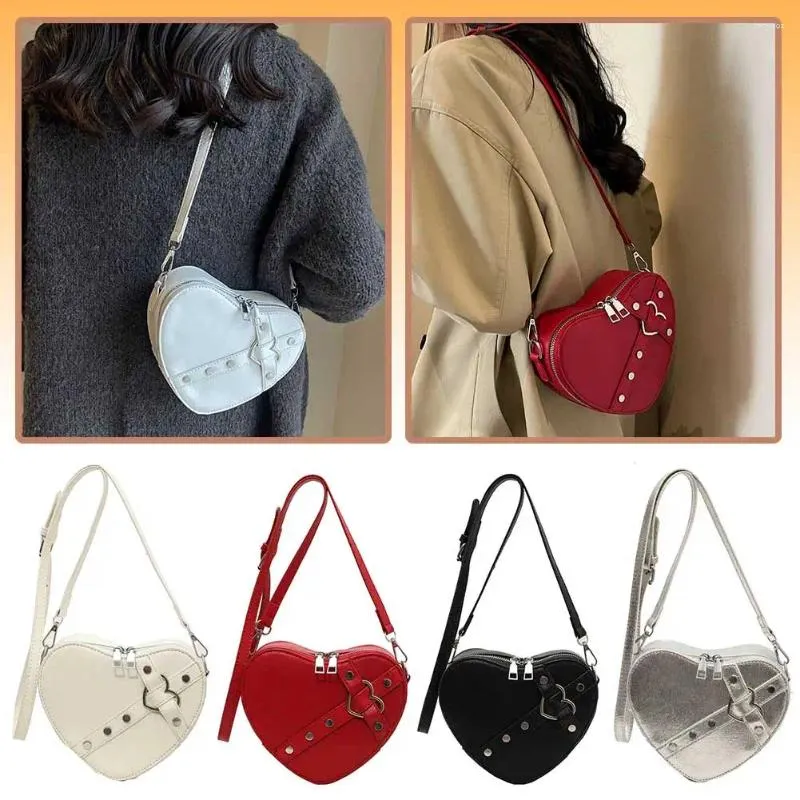 Evening Bags Women Heart Shape Sling Bag PU Leather Small Rivet Solid Color Adjustable Strap Female Outdoor