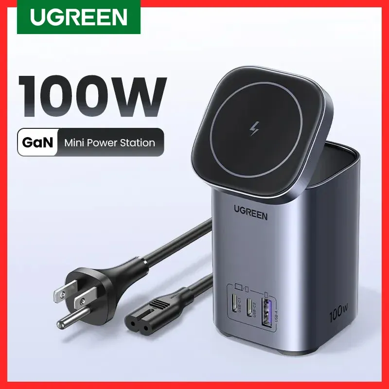 Chargers Ugreen GAN 100W Charger desktop MFI Caricatore wireless magnetico per iPhone 15 14 13 Power Station Fast Charghing per il quaderno per laptop