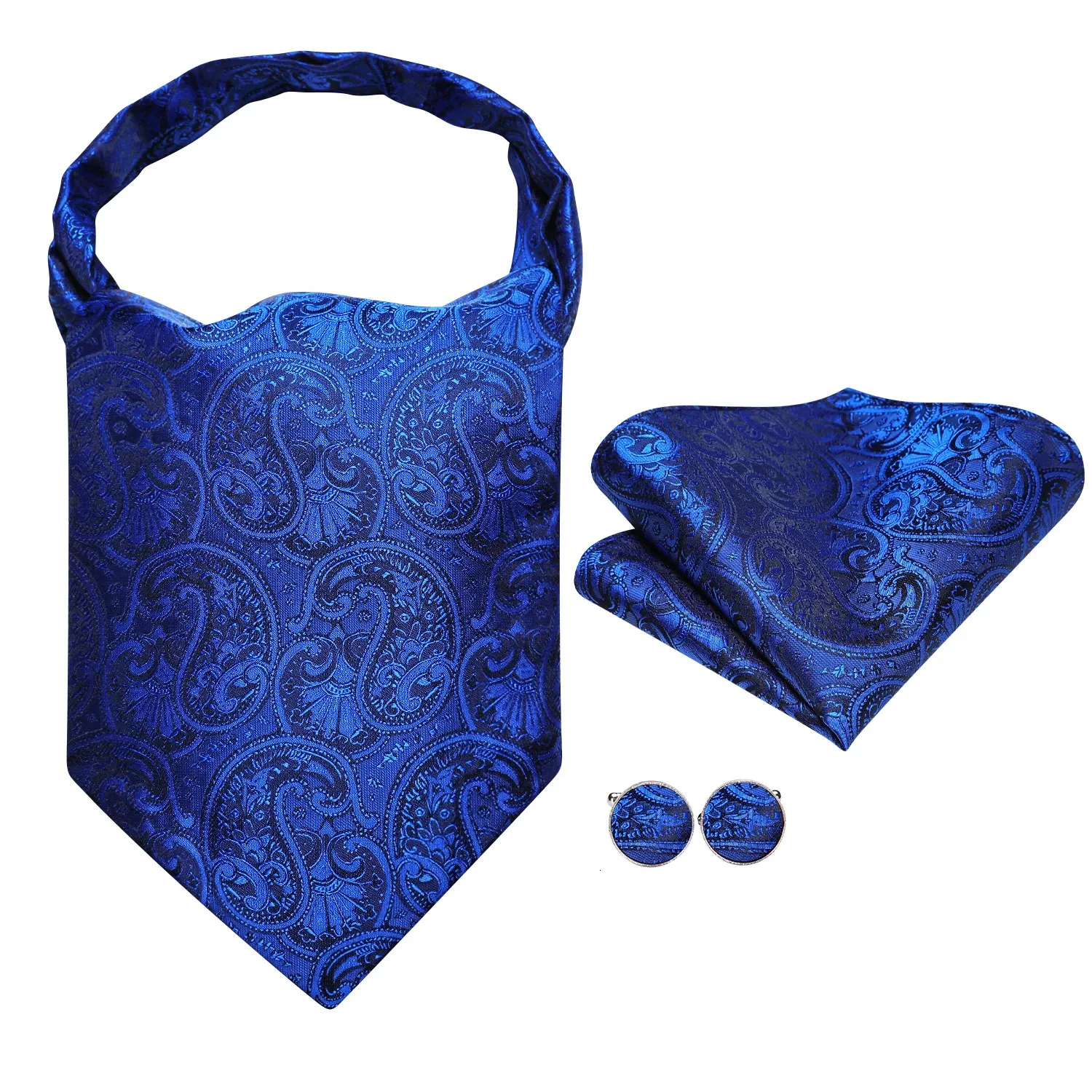 Hitie Silk Mens Tie Ascot Tie Hanky Cufflinks Set Navy Royal Blue Jacquard Floral Paisley Cravat per eventi di affari di matrimonio maschile240409