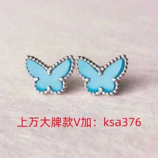 Nya högkvalitativa designerörhängen 925 Sterling Silver pläterad med 18K vitguld turkosa blå agatfjärilar örhängen med logotypvanc