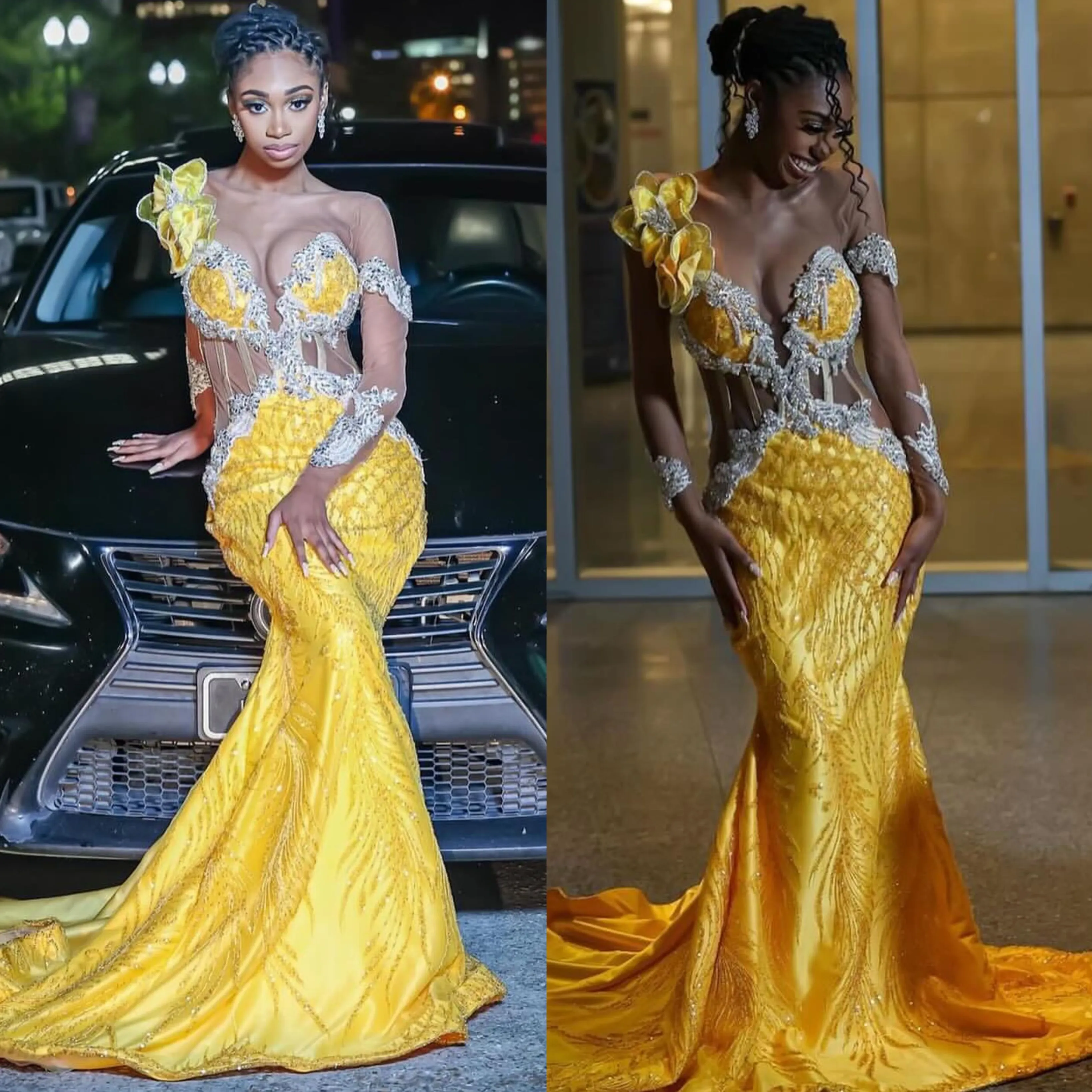 Magnifique robe de bal de sirène jaune pour femmes noires robes de soirée perlées chérie élégante illusion à manches longues