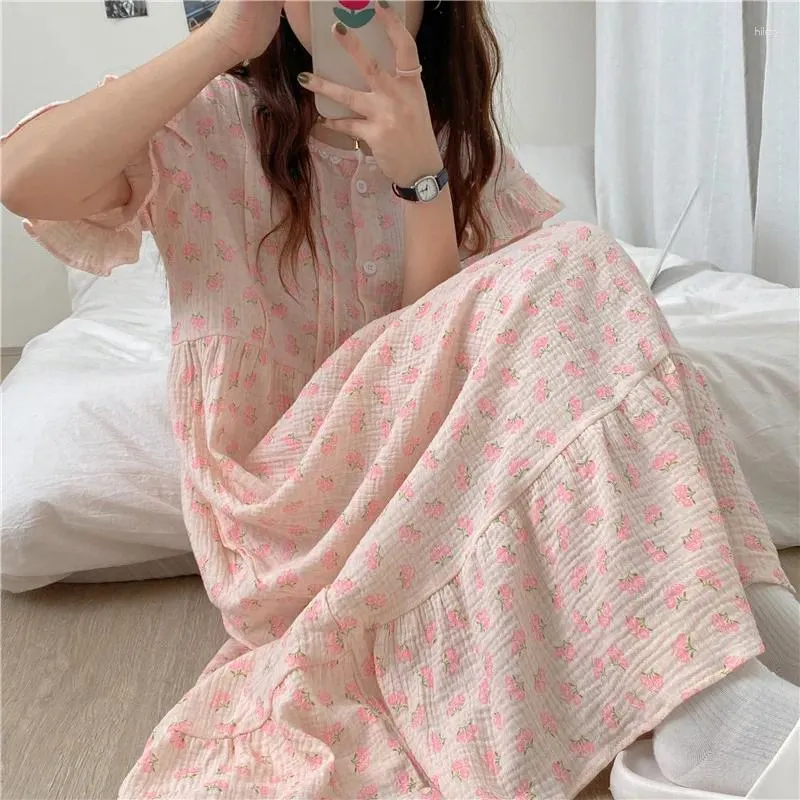 Ropa para el hogar Kitty alienígena 2024 Summer Pink Rosa largo Long Dreamsdress Pajamas Floral Cuel las mujeres Casco suelto ropa de hogar dulce algodón de inicio