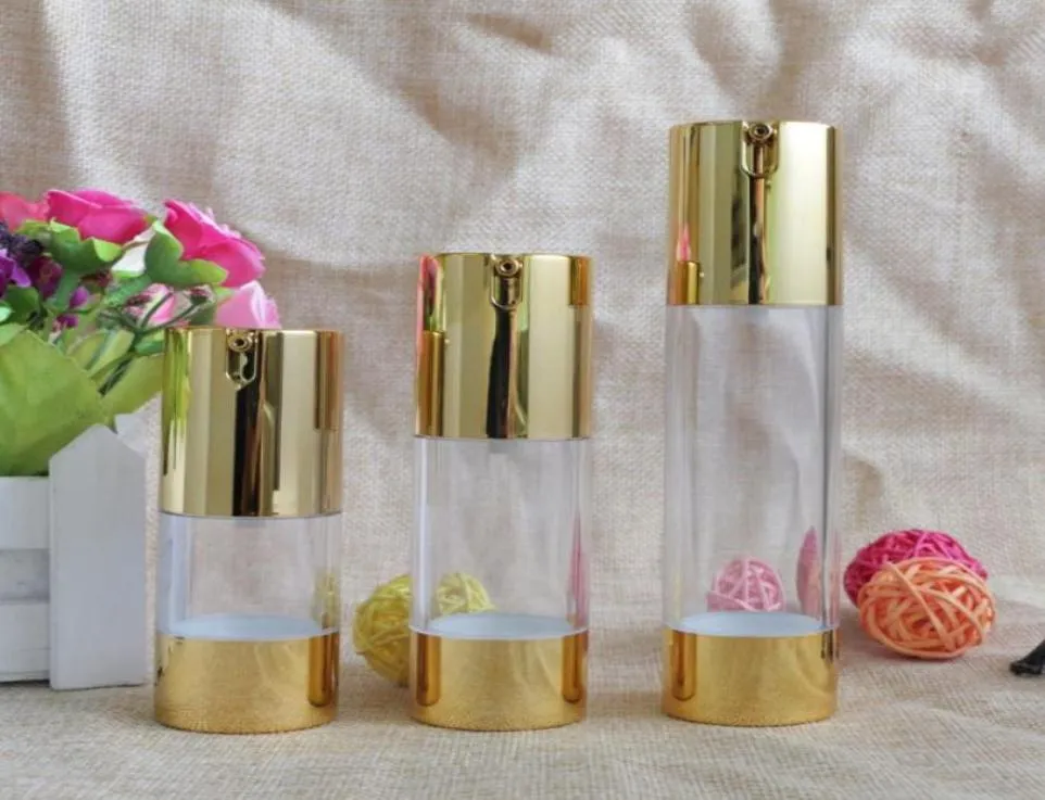 New Gold Cosmetic Airless Lotion Bottle Essence Serum Packaging Pump Bottles 15ml 30ml 50ml Empty Makeup Containers 100pcs SN1364461435