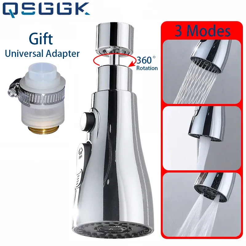 Multipurpose Kitchen Faucet Extender 360° Universal Rotate Sprinkler 3 Water Outlet Modes And 20 TO 24MM Diameter Mount Adapters