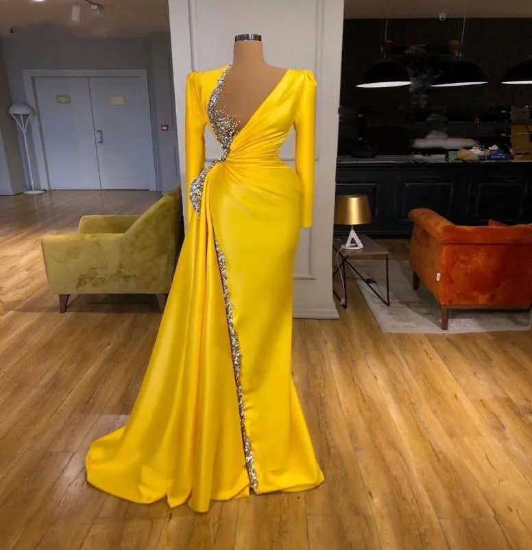 Sirène jaune robes de bal formelles manches longues cristaux brillants en V couche en V robe de soirée robes de fête pleine longueur 7000887