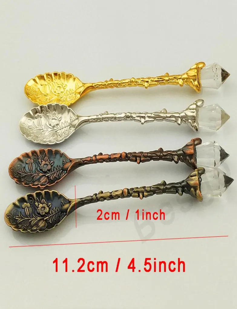 Vintage Royal Style Spoon Metal Carved Coffee Spoons Forks With Crystal Head Kitchen Fruit Prikkers Dessert Ice Cream Scoop Gift D4705367