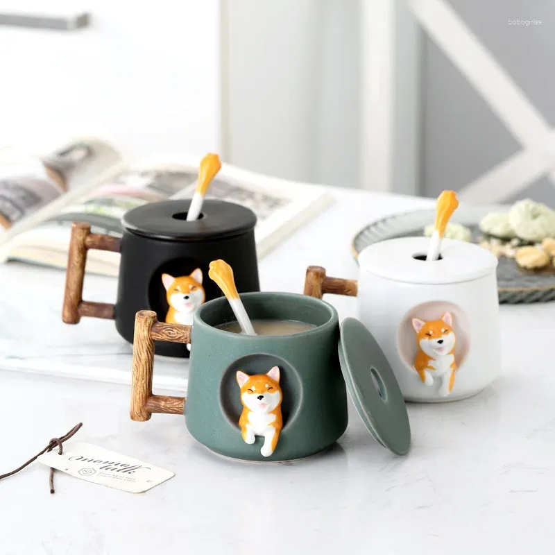 Кружки 420 мл мультипликационная собака Керамическая кружка милый 3D -рисунок с крышкой ложкой девушки любимый подарок пиво молоко чай творческий кофейный чашка