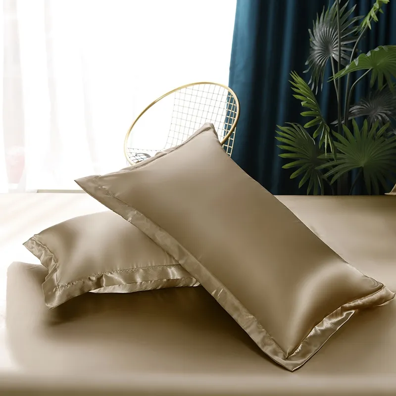 Conjunto de cama de seda simples, liso e lavado, com tampa de edredom, lençol, capa de travesseiro, cama de cetim luxuosa, simples