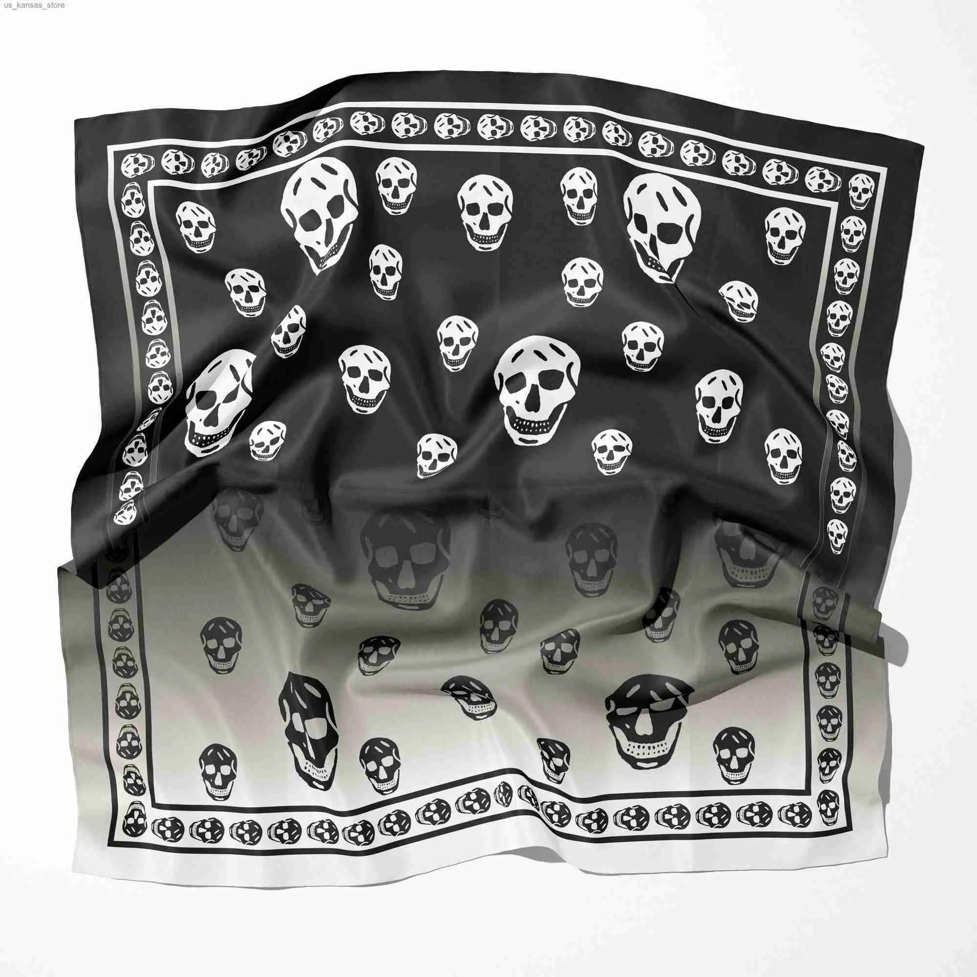 Шарфы поддерживают настройку 2022 Spring Women Polyester Chefon Chifon Foulard Gradient Sharf Skull Shull Print See Tie Hair Accessories240409