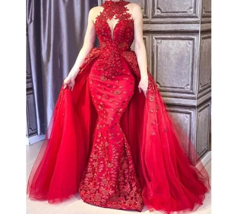 Glamorous Sirmaid 2018 Robe de bal avec overskirt perles à cou hauts en dentelle Applique Robes de soirée sans manches élégantes Arabie Dubai Pro6548991