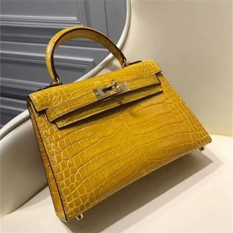 Sac à main en cuir crocodile 7a qualité authentique sacs à main cousus de couleur jaune réelle threadqqv32l