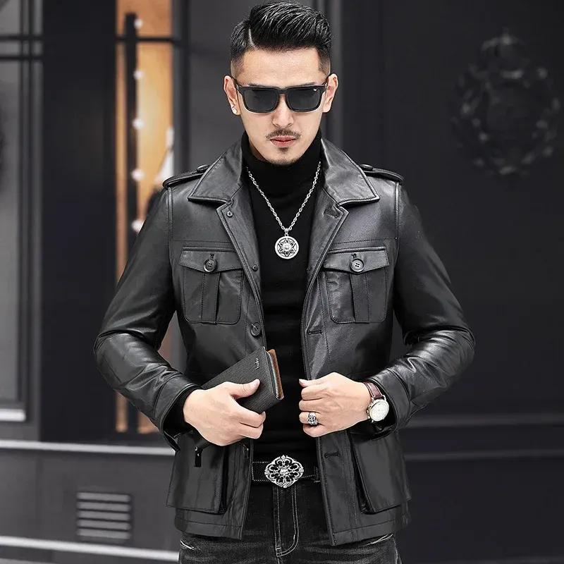 Tcyeek Autumn and Winter Genuine Leather Jacket Men Short Top Layer Cowhide Leather Coat Men's Leather Suits Brown Lapel Clothes