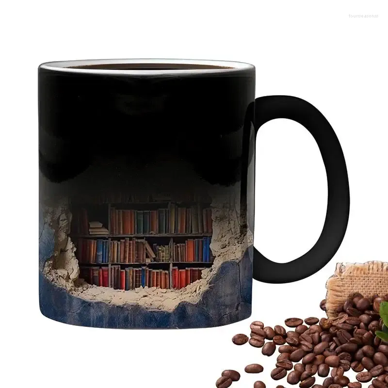 Mugs Bookshelf Coffee Mug Novelty Heat Sensitive Cup 3D Drinkware Christmas Funny Gifts For Book Lovers Authors Librarian Teacher